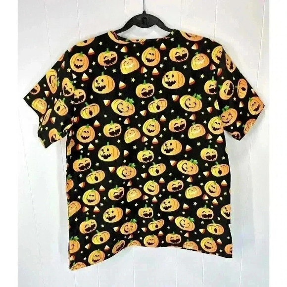 The Scrub Co Sz Large Halloween Scrub Top Pumpkin Jack-o-lantern Candy Corn Star - Picture 3 of 5